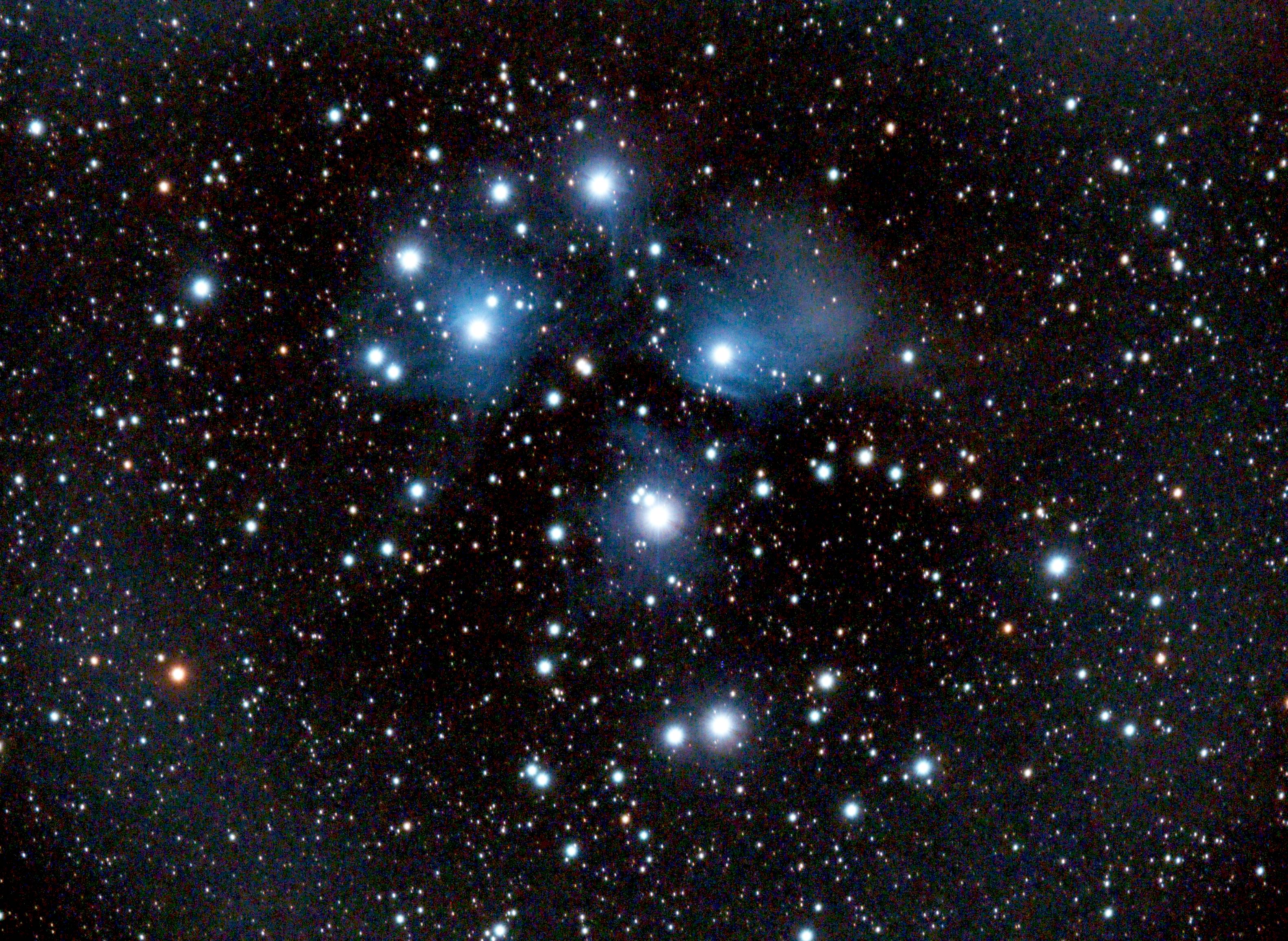 Image of the Pleiades formed by stacking ten 120-second exposures, to better show the associated nebulosity